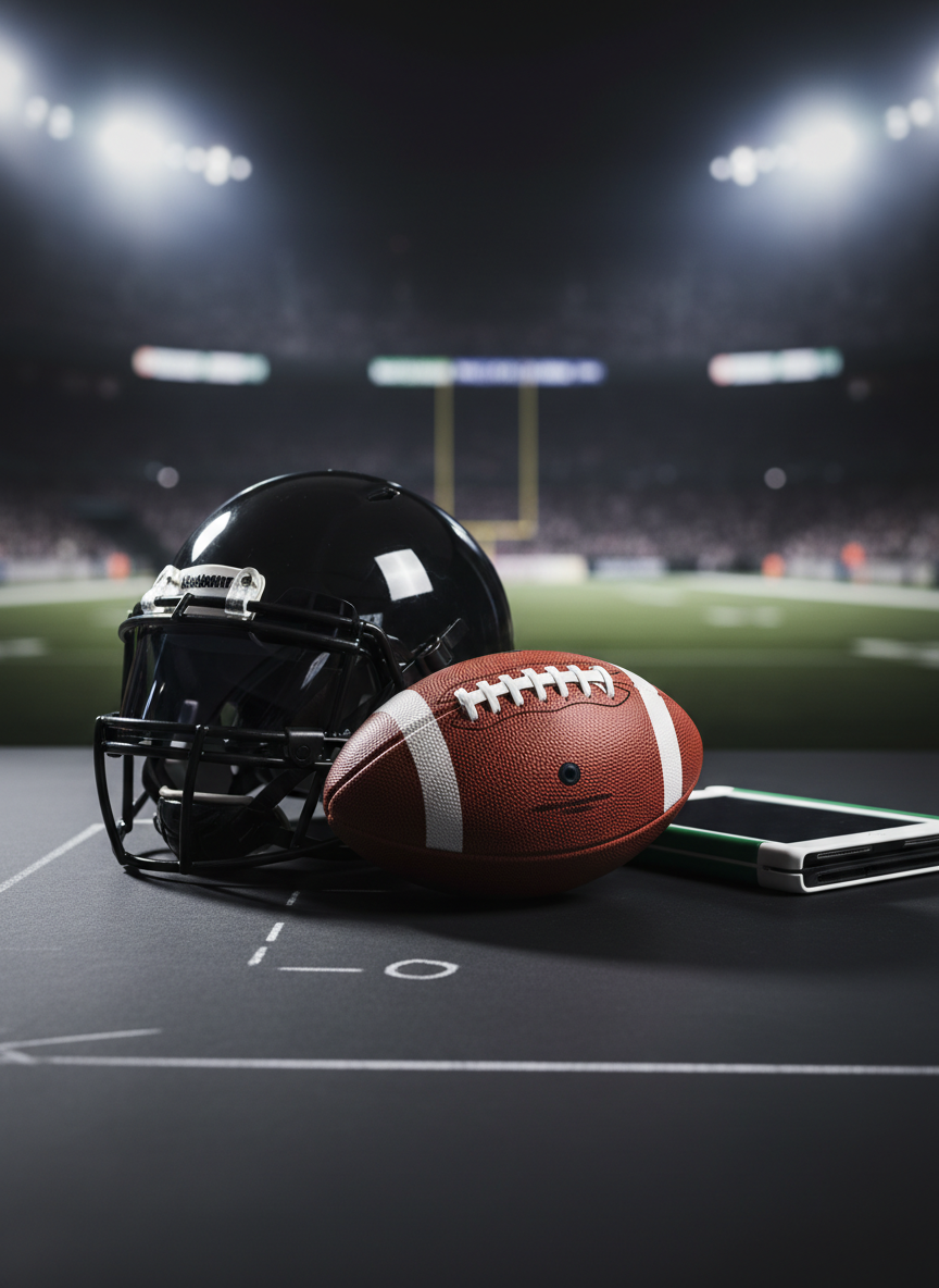 A pristine, high-end professional football set-up on a dark matte studio surface: a textured brown game ball with crisp white laces, a polished black helmet with a reflective visor, and a neatly folded green and white playbook tablet case beside them. Subtle chalk-like field markings are barely visible beneath, hinting at strategy. Dramatic, controlled side lighting from the left carves out highlights on the ball’s pebbled leather and glints on the visor, casting long, sophisticated shadows. Shot at eye level with a shallow depth of field, the background falls into a soft blur of stadium lights, creating a modern, photographic realism that feels analytical, bold, and opinion-driven—perfect for a flagship sports news feature image.