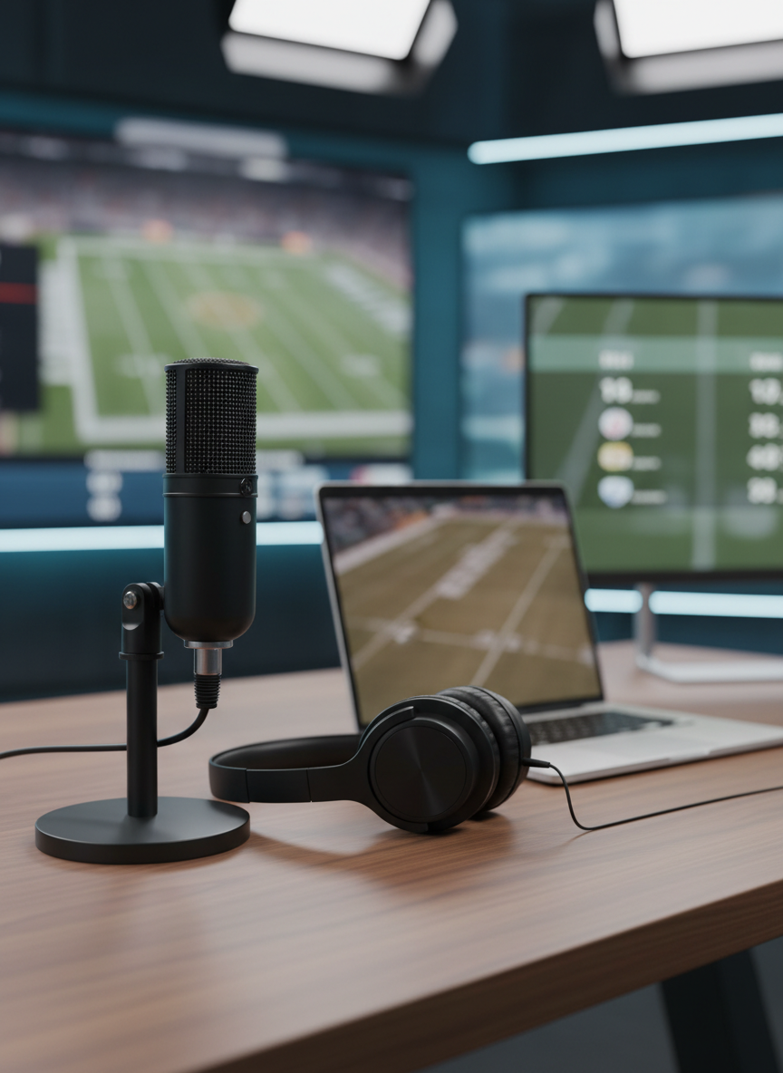An elegant, minimalist sports newsroom desk scene, without any people, arranged for a modern podcast and video show. A sleek black condenser microphone with a metal mesh grille stands on a walnut desktop beside over-ear headphones, a thin silver laptop displaying a blurred sports field, and a slim monitor showing an out-of-focus scoreboard. Ambient backlighting in cool blues and muted greens suggests multiple sports feeds. Soft studio lighting from above and behind creates a controlled glow, subtle reflections on the desktop, and gentle shadows. Captured from a slightly elevated three-quarter angle, the composition uses rule-of-thirds framing and shallow depth of field to emphasize the microphone as the ‘voice’ of strong opinions, giving the scene a polished, sophisticated, photographic aesthetic.