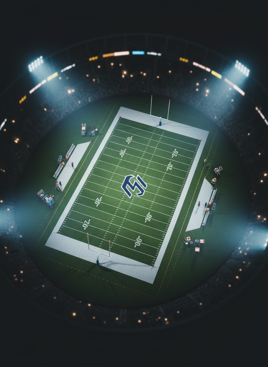 A dramatic overhead photographic view of a meticulously detailed football field at night, rendered as a small-scale, hyper-real model. The rich green turf features crisp white yard lines, end zones, and a central logo shape with no readable text. Miniature goalposts, pylons, and sideline gear create depth and realism. Surrounding the field is a dark, out-of-focus ring of stadium structure with subtle glows of light. Cool stadium floodlights from all four corners cast sharp, elegant shadows of the goalposts and add a faint misty haze above the turf. The composition is centered and symmetrical, conveying authority and gravitas, ideal for a modern sports analysis or headline story backdrop with a sophisticated, cinematic atmosphere.