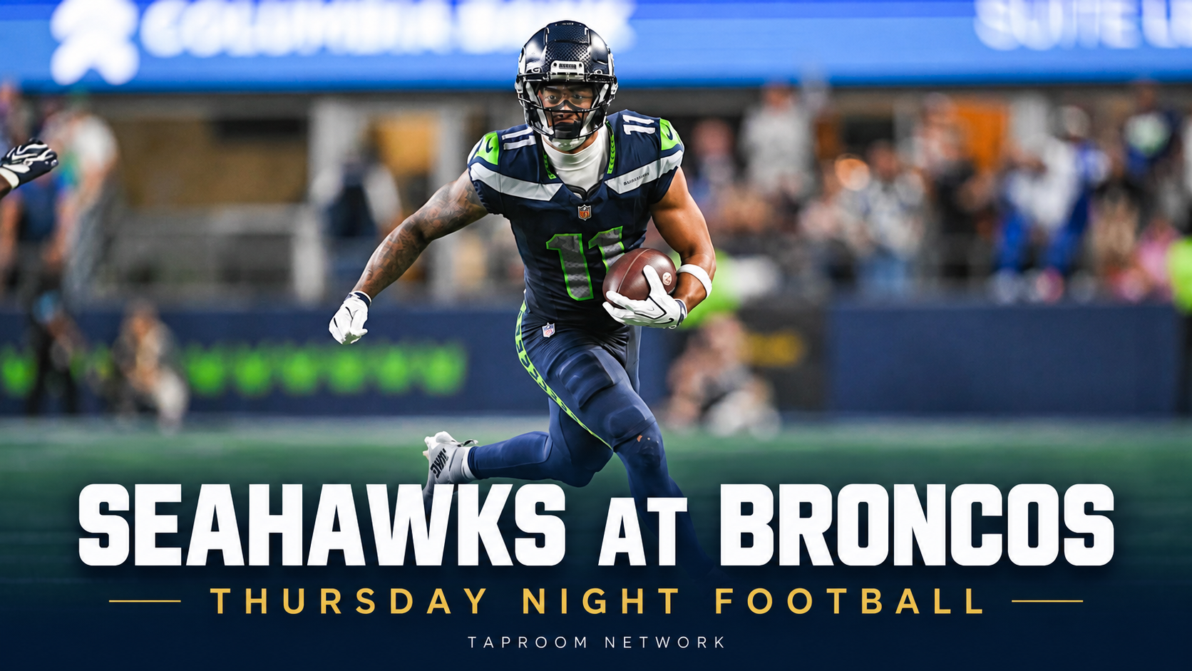 Seattle Seahawks receiver running with the ball, with text reading Seahawks at Broncos and Thursday Night Football.